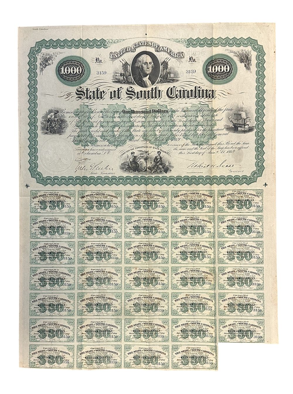 Lot 184: STATE OF SOUTH CAROLINA UNCANCELED BOND SIGNED ROBERT K. SCOTT, NILES G.PARKER JAN. 1886