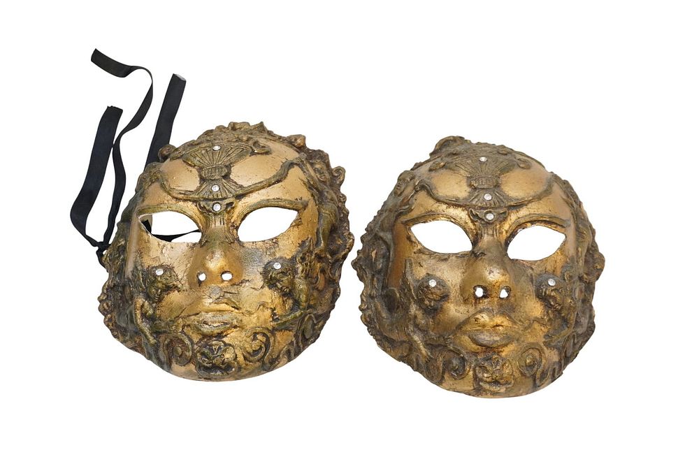Lot 228: PAIR VINTAGE ORIGINAL VENETIAN HAND PAINTED MASKS