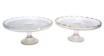 MATCHED PAIR VINTAGE JEANETTE GLASS CAKE STANDS. 2 Vintage 1950s Jeannette Glass "Harp" Pattern 
