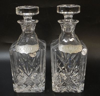 2 GORHAM MONTE CARLO DECANTERS WITH PEWTER LABELS. 2 Gorham Crystal Monte Carlo Decanters with 