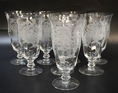 8 TIFFIN PERSIAN PHEASANT ICED TEA GLASSES. Eight (8) Vintage 1940s Tiffin Persian Pheasant Iced 