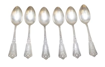 6 ANTIQUE STERLING SILVER WHITING 1865 IVY TEASPOONS. Six (6) Sterling Silver Five O' Clock 
