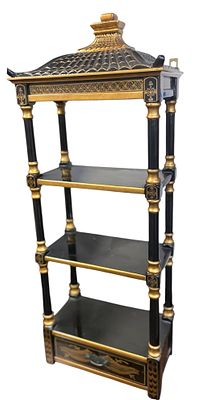 CHINOISERIE STYLE PAGODA WALL SHELF. Vintage Chinoiserie Style Pagoda Wall Shelf. Black faux 