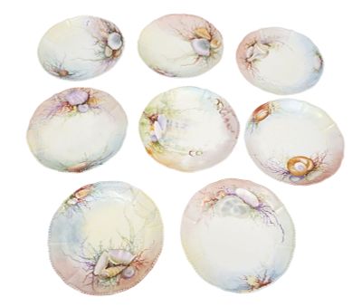 8 LIMOGES ELITE SEAFOOD PLATES. 8 Antique Elite Limoges Seafood Plates with Shell and Seaweed 