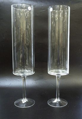 PAIR CONTEMPORARY GLASS CYLINDER TALL VASES 24". Pair Tall Glass Cylinder Footed Vases. Each 5 