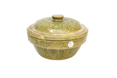 CELADON GREEN LIDDED POTTERY BOWL. Antique Celadon Green Glazed Lidded Pottery Bowl. Measures 