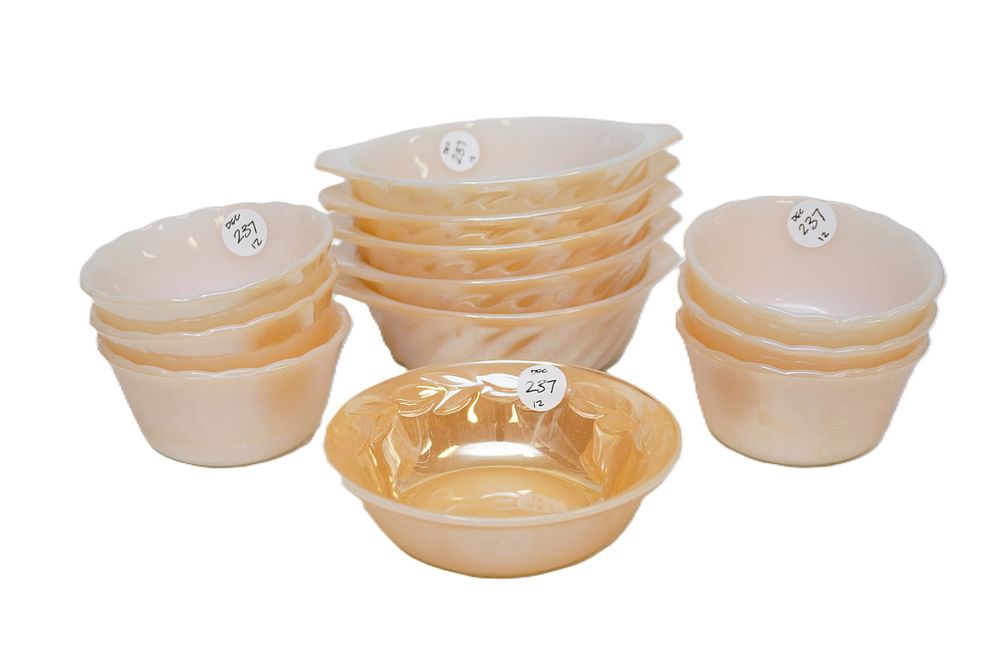Lot 237: 12 PIECES ANCHOR HOCKING PEACH LUSTER FIRE KING BAKING DISHES