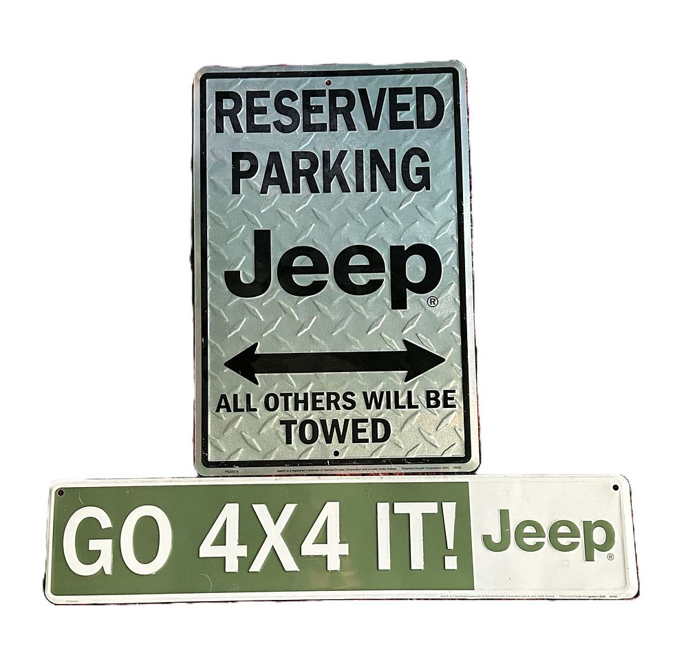 Lot 243: PAIR OF VINTAGE STYLE METAL JEEP SIGNS
