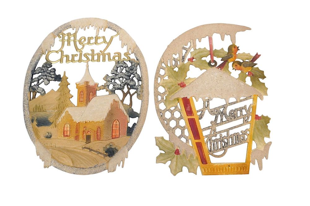 Lot 282: PAIR OF VINTAGE MID CENTURY EMBOSSED CHRISTMAS PAPER CUT OUTS