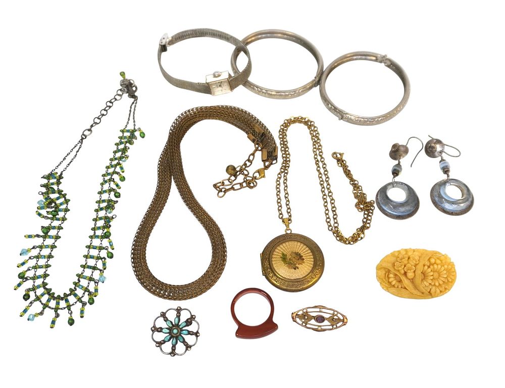 Lot 270: 11 PIECES VINTAGE COSTUME JEWELRY - CELLULOID, GRUEN, ETC.