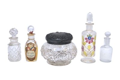 5 ANTIQUE / VINTAGE PERFUME / COLOGNE VANITY. American Brilliant Cut Glass Powder Jar 4"x3 1/2". 