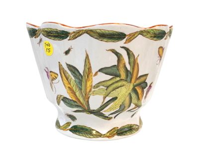 CHINESE PORCELAIN HAND PAINTED PLANT & INSECT CACHEPOT. Vintage mid 20th c Chinese Porcelain 