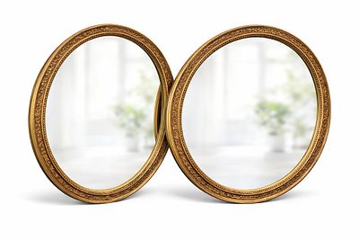 PAIR MATCHING VINTAGE OVAL GILT WOOD MIRRORS. Pair matching Vintage Mid Century Oval Gilt Wood 