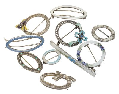 10 pc STERLING ENAMELED BROOCHES & BARRETTES. 10 Piece Antique/ Vintage Sterling Silver Enameled 