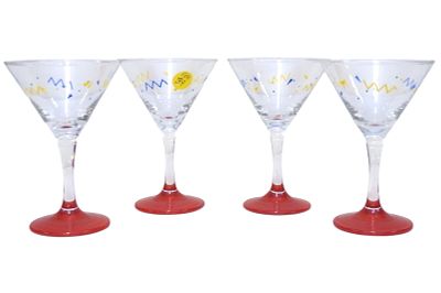 4 HAND BLOWN HAND PAINTED VINTAGE MARTINI GLASSES. 4 Hand Blown Hand Painted Vintage Zig Zag 