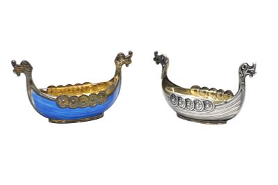 PAIR OF STERLING SILVER NORWEGIAN VIKING SHIP SALT CELLARS. Pair of sterling silver salt cellars 