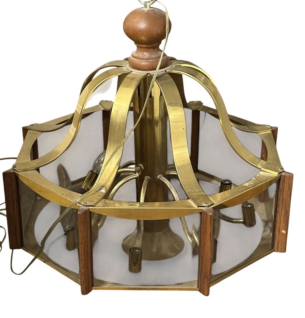 Lot 173: FREDRICK RAMOND MID CENTURY BRASS & SMOKED GLASS HANGING LIGHT PENDANT