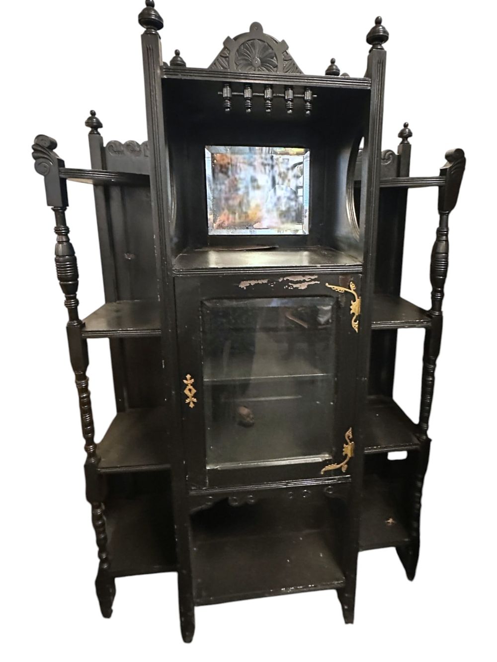 Lot 151: 19th c AESTHETIC MOVEMENT EBONIZED ETAGERE CABINET