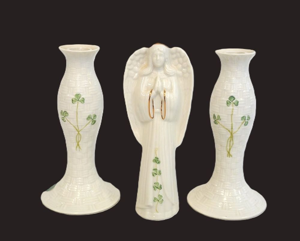 Lot 178: BELLEEK IRISH PORCELAIN SHAMROCK CANDLESTICKS AND ANGEL FIGURINE
