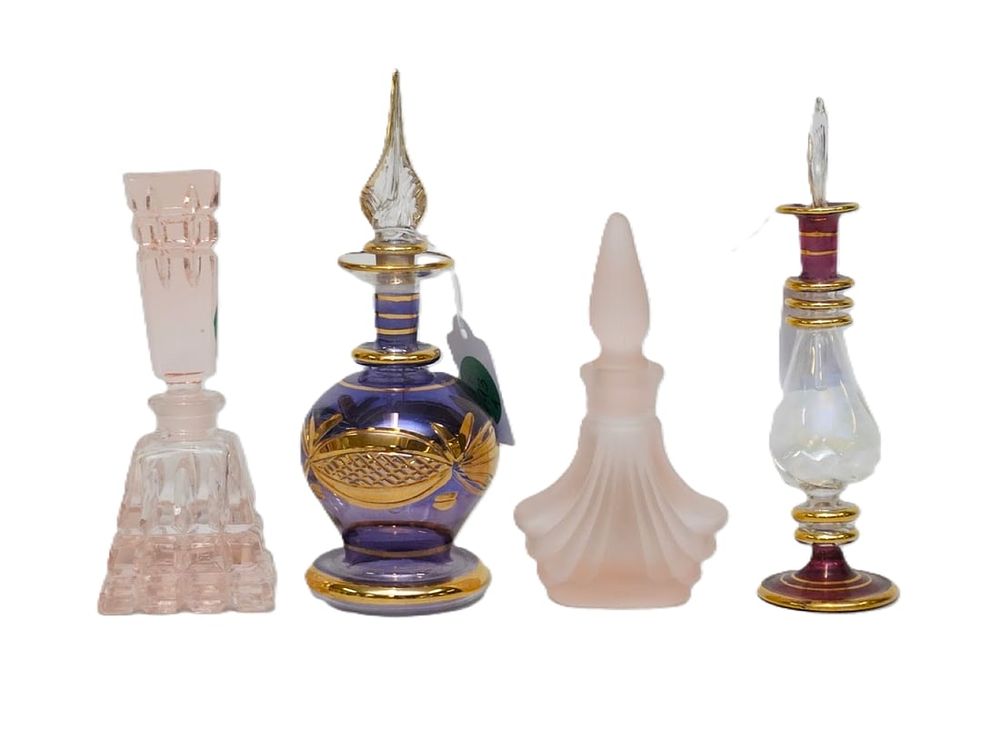 Lot 193: 4 VINTAGE PERFUME BOTTLES - SILVESTRI, EGYPTIAN GLASS, AND PINK CRYSTAL