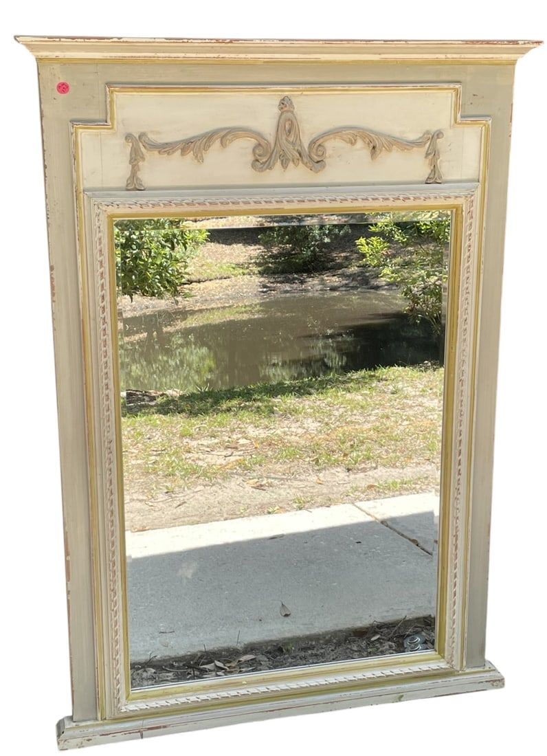 Lot 152: VINTAGE LARGE LOUIS XVI PAINTED WOOD FRAME BEVELED MIRROR