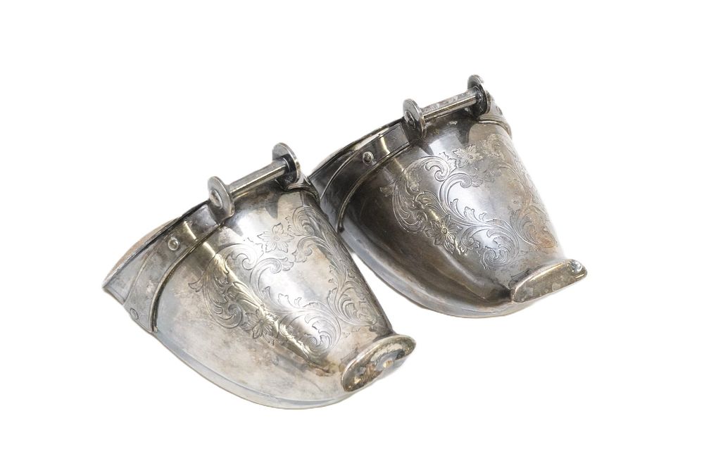 Lot 185: PAIR OF SPANISH COLONIAL STYLE PERIOD SILVER PLATED STIRRUPS