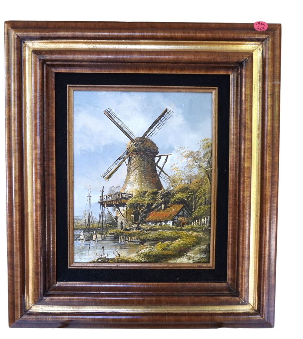 Lot 203: MID CENTURY DUTCH WINDMILL OIL ON CANVAS
