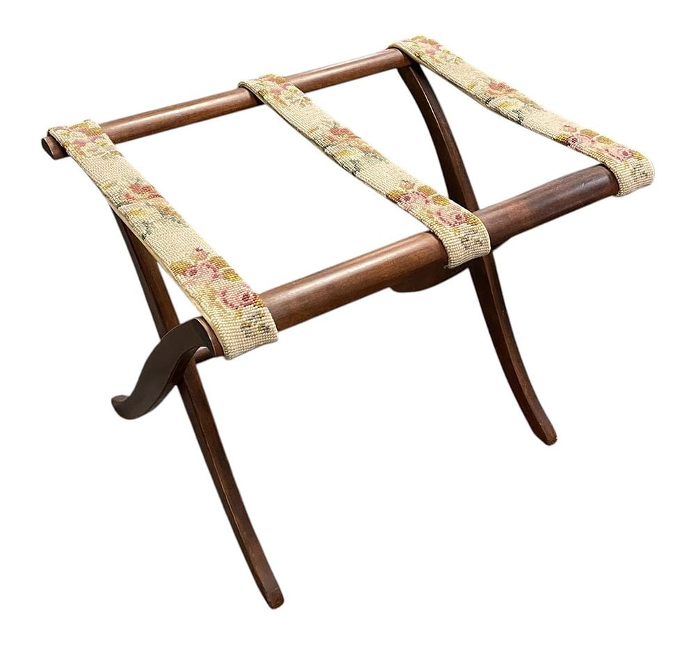 Lot 206: VINTAGE MID CENTURY FOLDING LUGGAGE RACK WITH TAPESTRY STRAPS