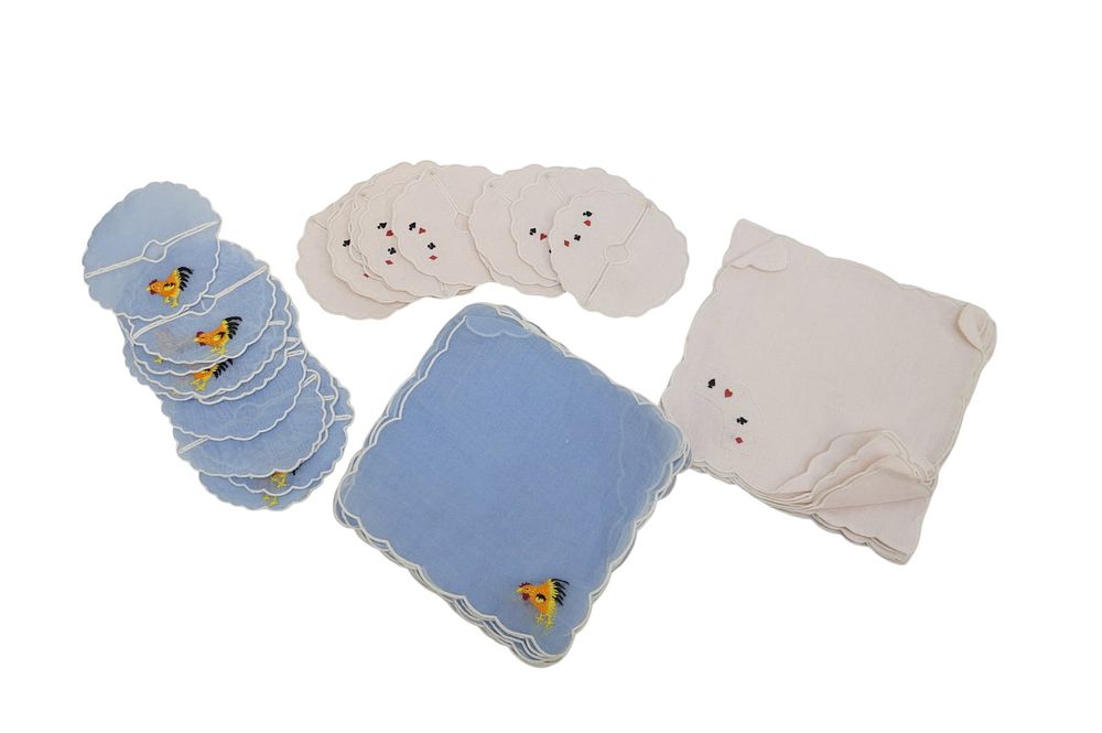Lot 258: LOT OF VINTAGE HAND EMBROIDERED COCKTAIL NAPKINS AND STEMMED GLASS SLIPPERS - 48 PIECES