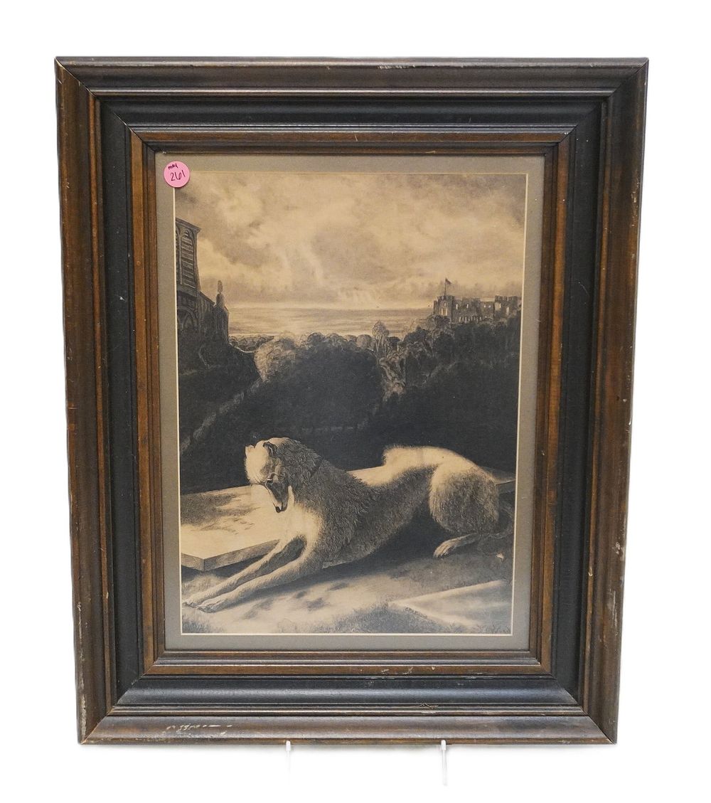 Lot 261: FRAMED ANTIQUE DOG ETCHING