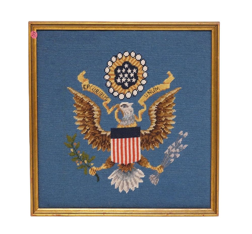 Lot 271: VINTAGE FRAMED CROSS STITCH EMBROIDERED AMERICAN EAGLE