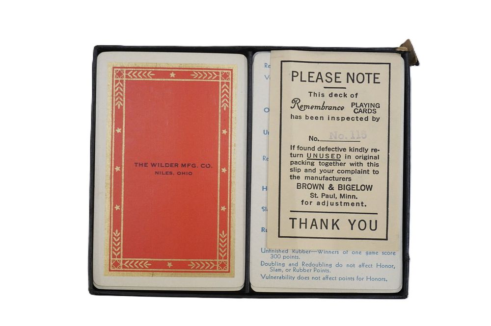 Lot 292: VINTAGE REMEMBRANCE PLAYING CARDS BY THE WILDER MFG. CO.
