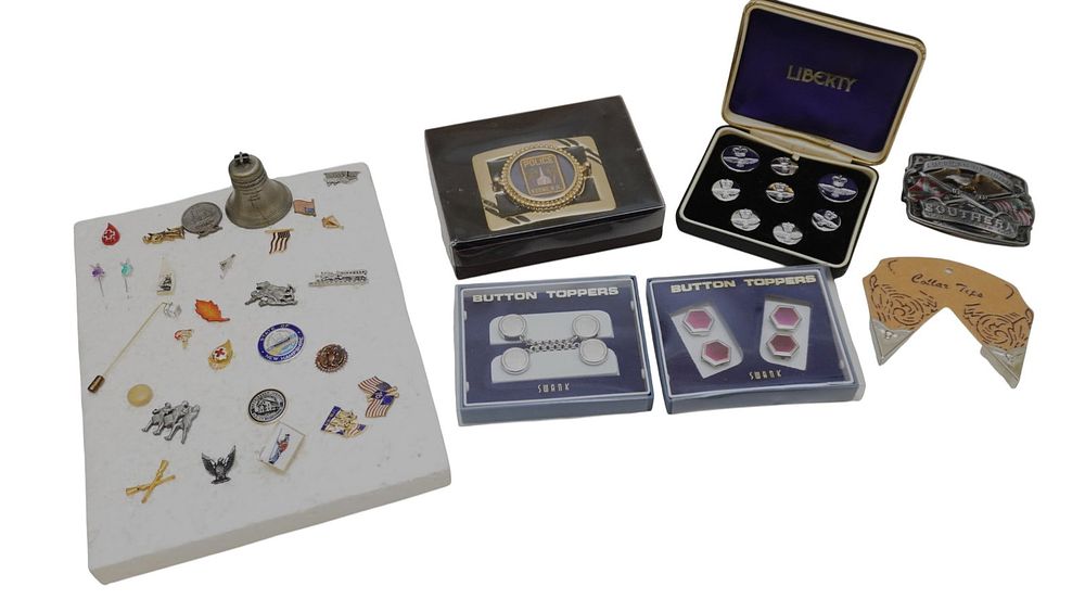 Lot 296: 34 PIECES OF ASSORTED PINS, BUTTON TOPPERS, ETC.