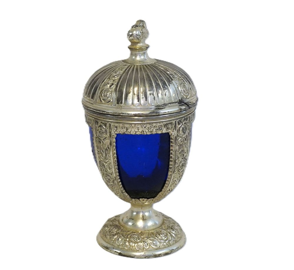 Lot 297: OCCUPIED JAPAN SILVER SPELTER CHALICE COBALT GLASS
