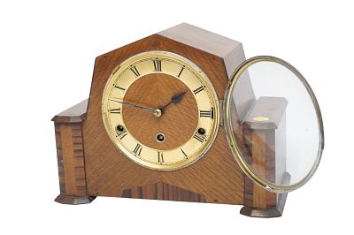 ENGLISH ART DECO OAK CHIMING MANTEL CLOCK 1930. 1930s English Oak Art Deco Mantle Clock. Inlaid 