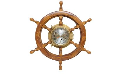 VINTAGE MARITIME BRASS PORTHOLE AND NAUTICAL SHIP'S WHEEL CLOCK. Vintage Maritime Brass Porthole 