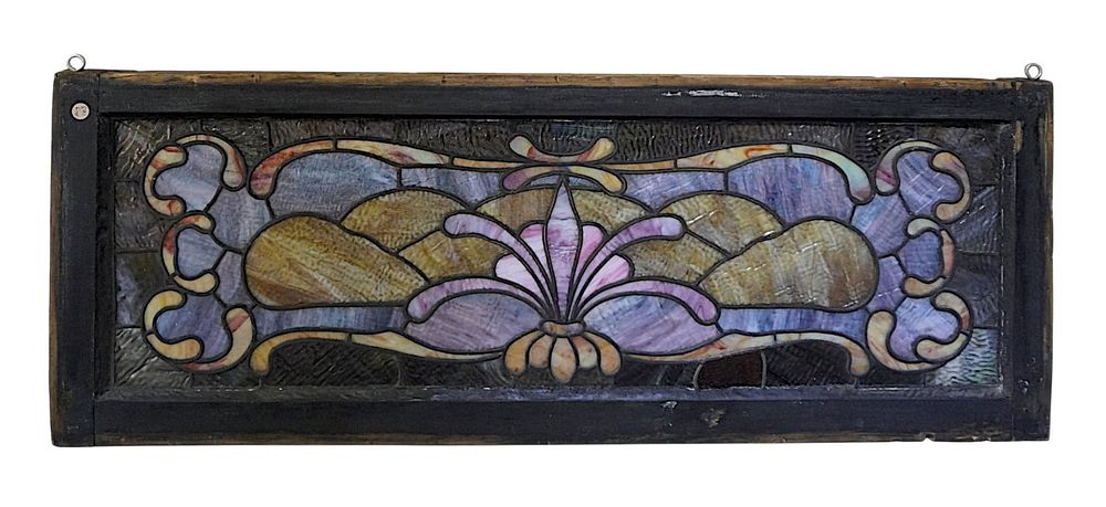 Lot 163: ANTIQUE ART NOUVEAU LEADED STAINED GLASS WINDOW 47"