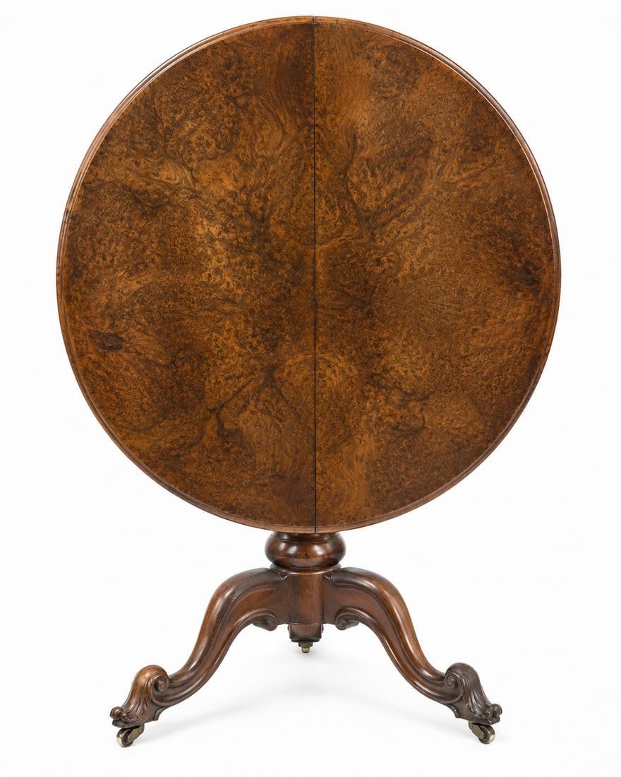 Lot 166: ENGLISH VICTORIAN BURR WALNUT TILT-TOP LOO TABLE, 19th CENTURY