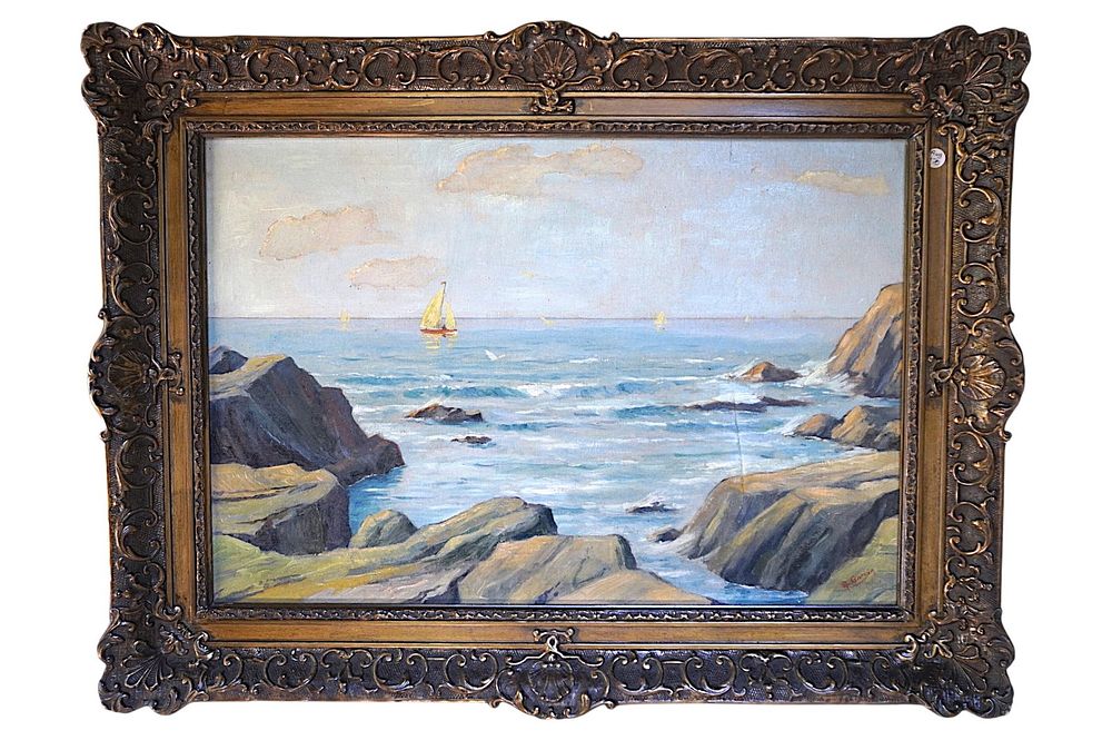 Lot 170: OIL ON CANVAS ROCKY COASTAL SCENE WITH SAILBOATS