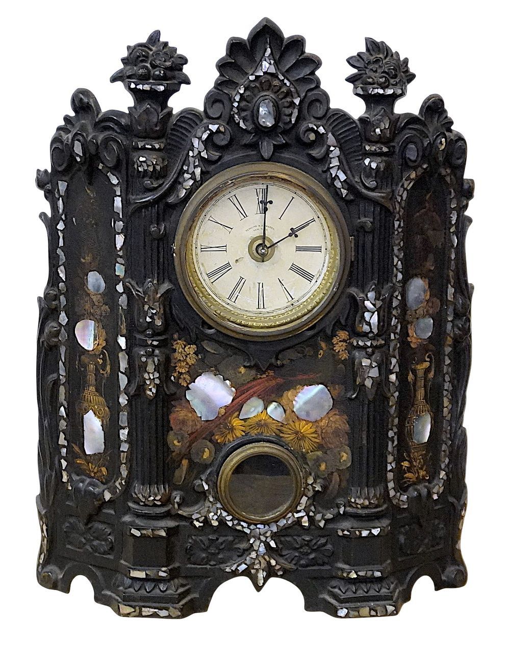 Lot 172: TERHUNE & EDWARDS GOTHIC REVIVAL MOP CAST IRON CLOCK