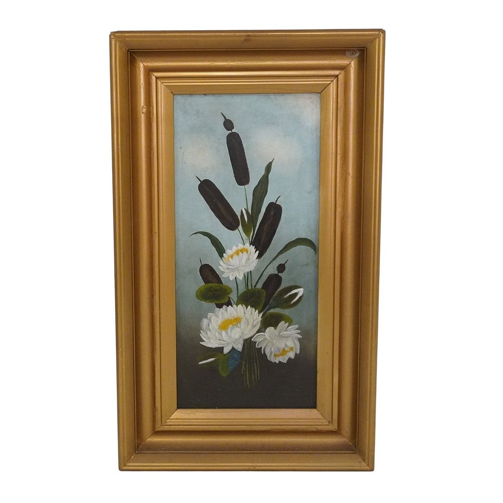 Lot 183: VINTAGE CATTAILS & WATER LILIES OIL PAINTING