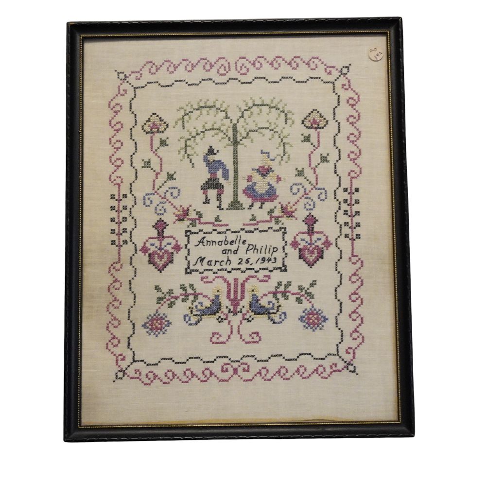 Lot 192: VINTAGE 1943 CROSS STITCH SAMPLER WEDDING - ANNIVERSARY