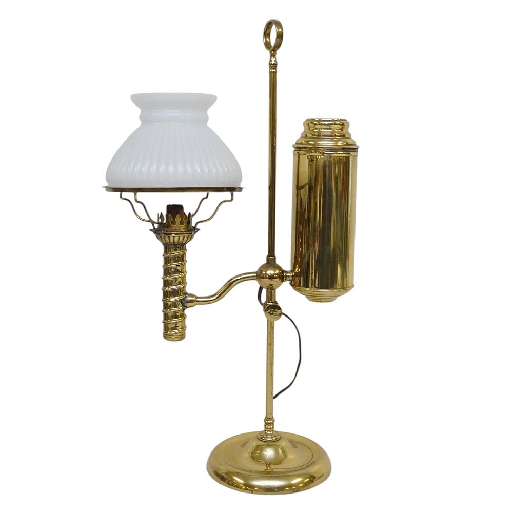 Lot 196: 19TH C. BRASS LIBRARY LAMP WITH MILK GLASS SHADE