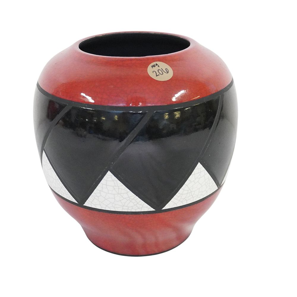 Lot 206: SIGNED CHARLES CHRISCO RAKU STUDIO RED POTTERY CRAZED VASE