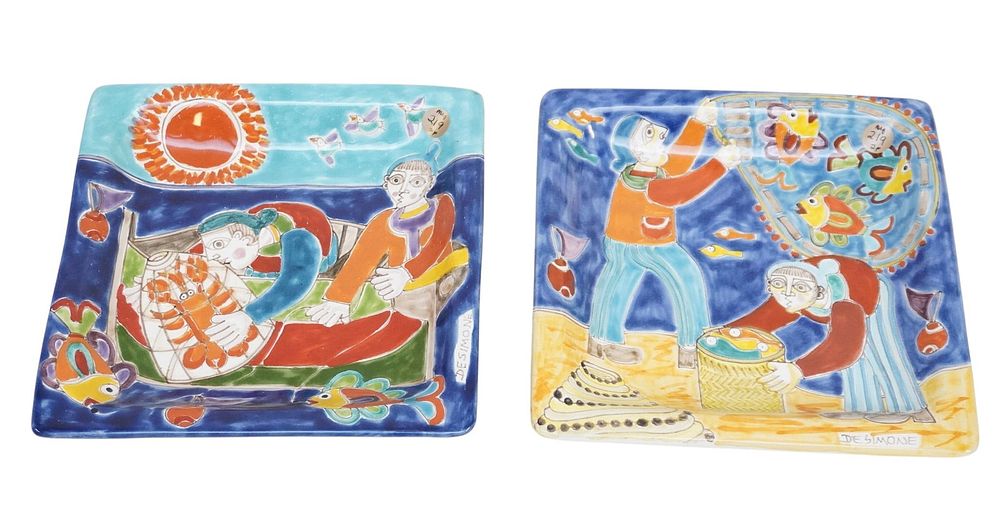 Lot 219: 2 ITALIAN CERAMICHE DE SIMONE SQUARE HAND PAINTED BOWLS