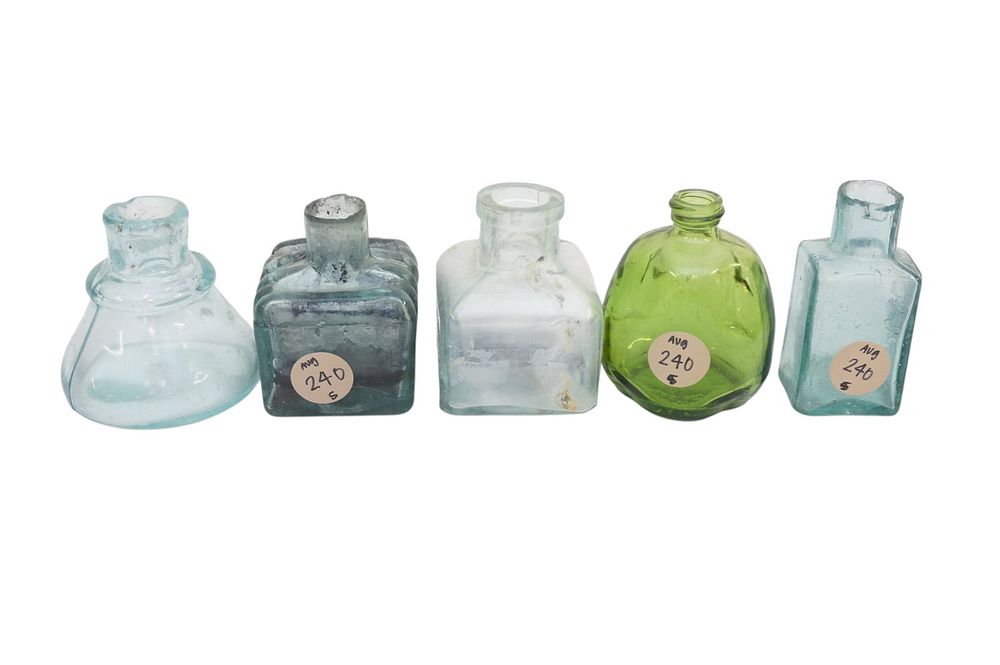Lot 240: 5 ANTIQUE GLASS INKWELLS