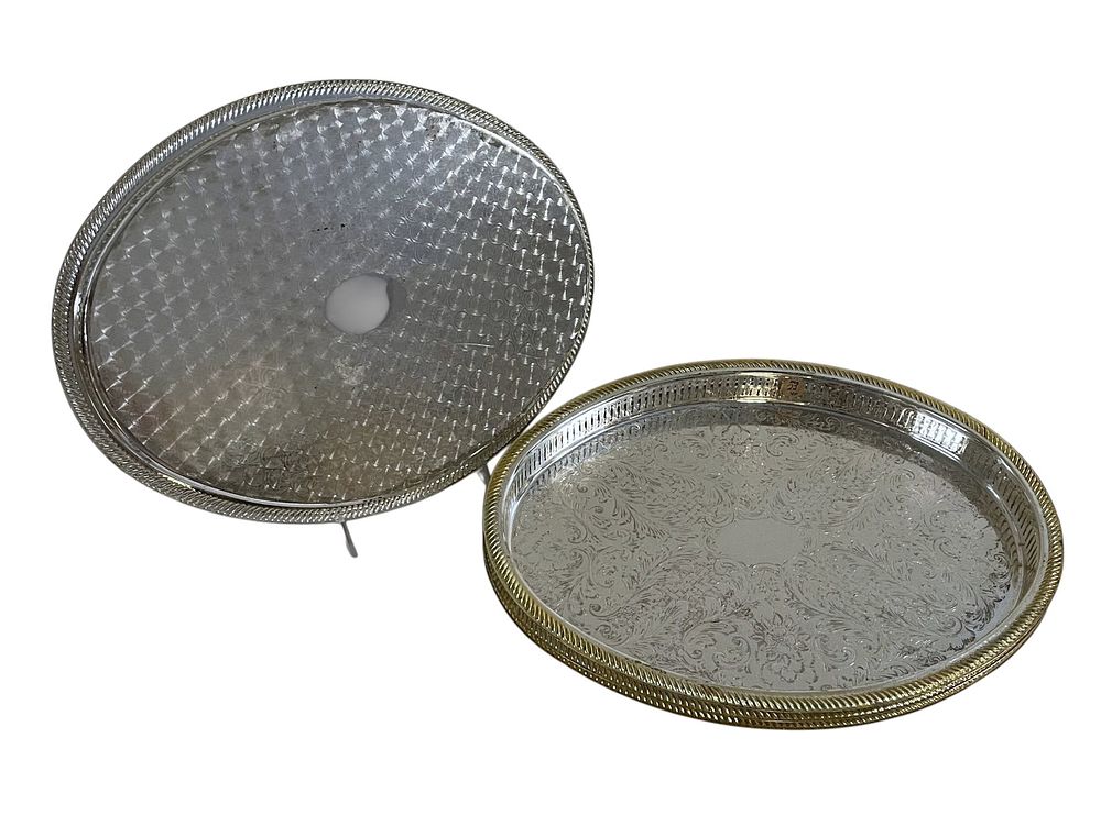 Lot 293: 3 VINTAGE SILVER PLATED TRAYS WITH PIERCED GALLERY RIM