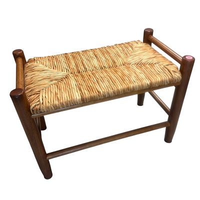 VINTAGE WOVEN RUSH SEAT WOOD FOOTSTOOL. The woven rush seat and sturdy turned legs on the stool 