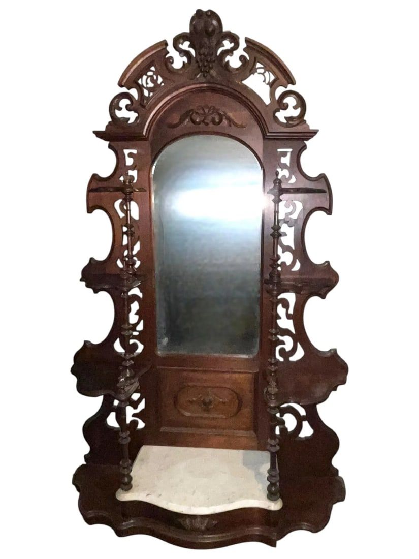 Lot 173: 19th c LARGE CARVED ETAGERE WITH MIRROR & MARBLE BASE