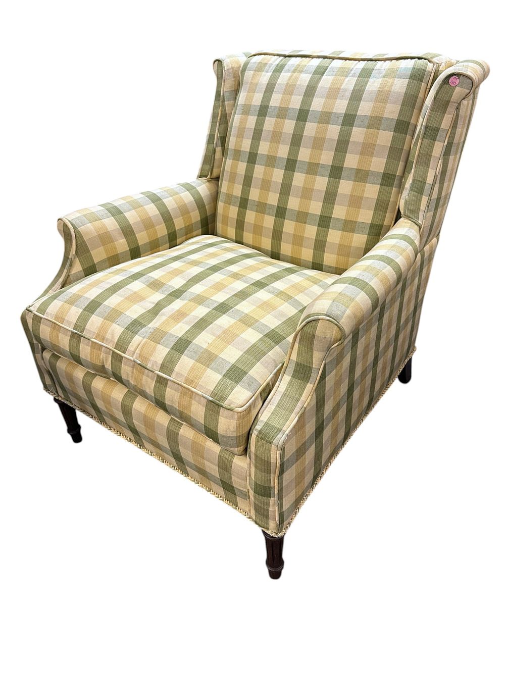 Lot 180: TRADITIONAL WINGBACK ARMCHAIR SAGE GREEN PLAID
